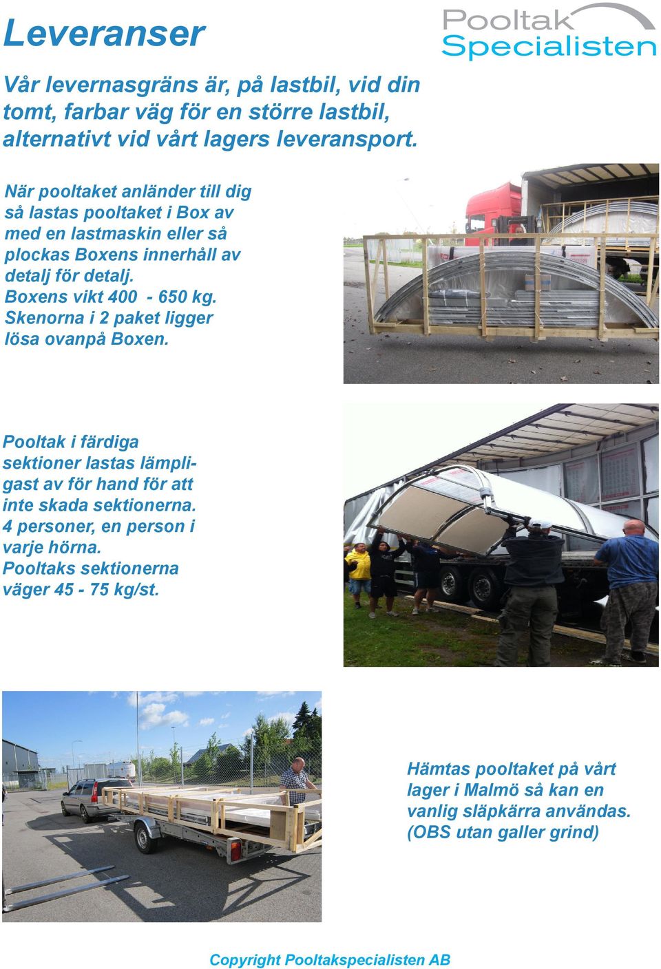 Boxens vikt 400-650 kg. Skenorna i 2 paket ligger lösa ovanpå Boxen.
