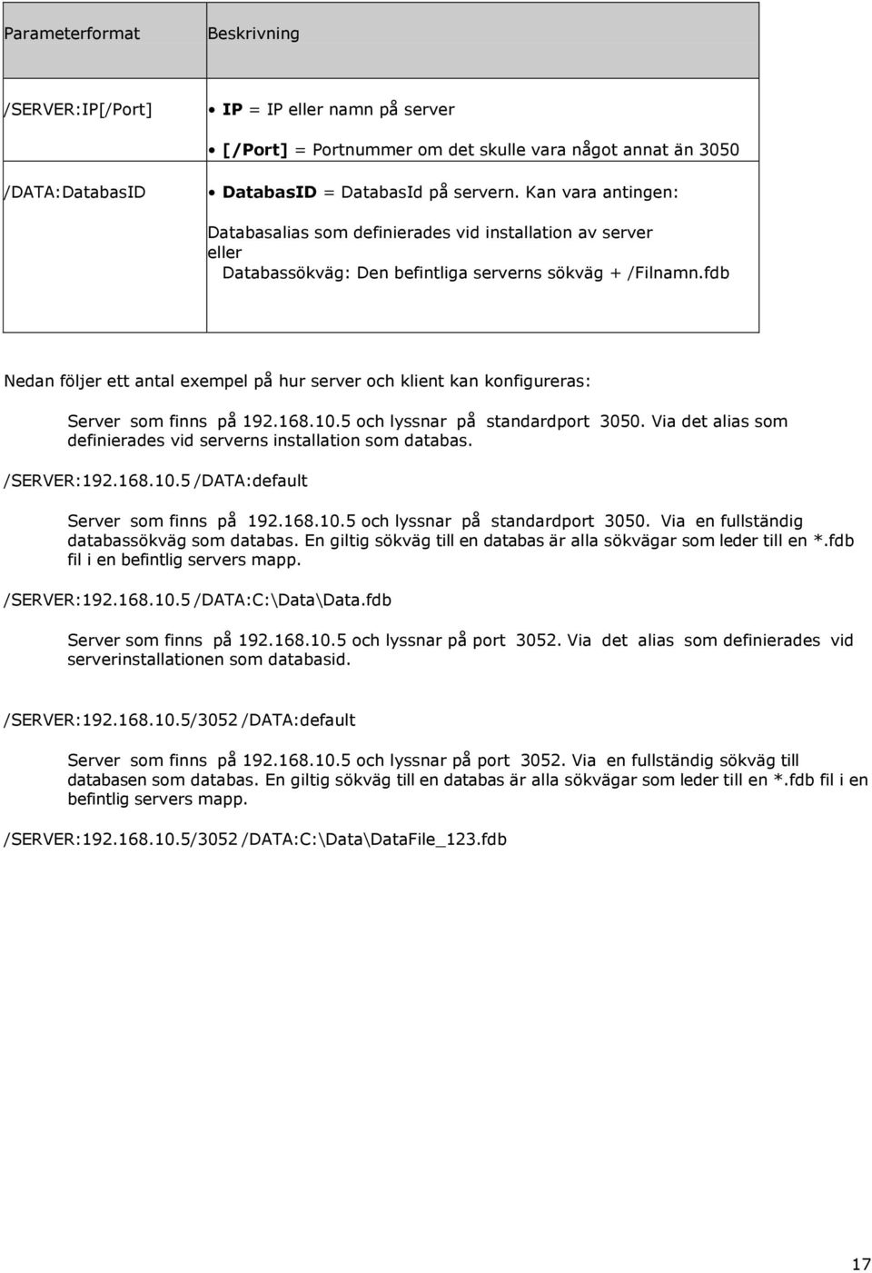 fdb Nedan följer ett antal exempel på hur server och klient kan konfigureras: Server som finns på 192.168.10.5 och lyssnar på standardport 3050.