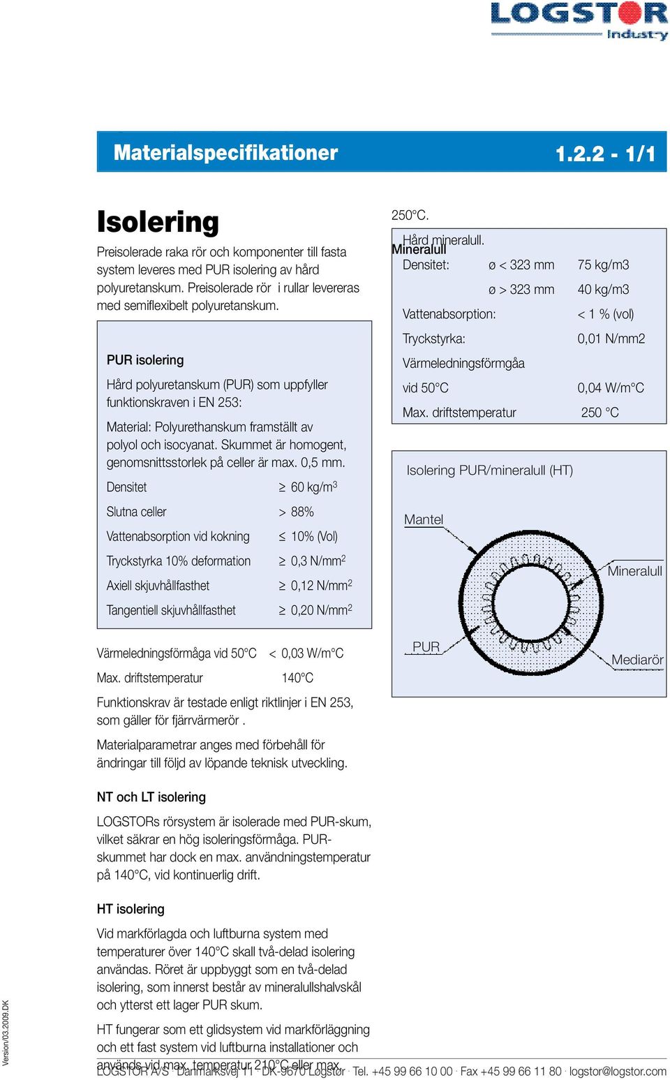 PUR isolering Hård polyuretanskum (PUR) som uppfyller funktionskraven i EN 253: Material: Polyurethanskum framställt av polyol och isocyanat. Skummet är homogent, genomsnittsstorlek på celler är max.