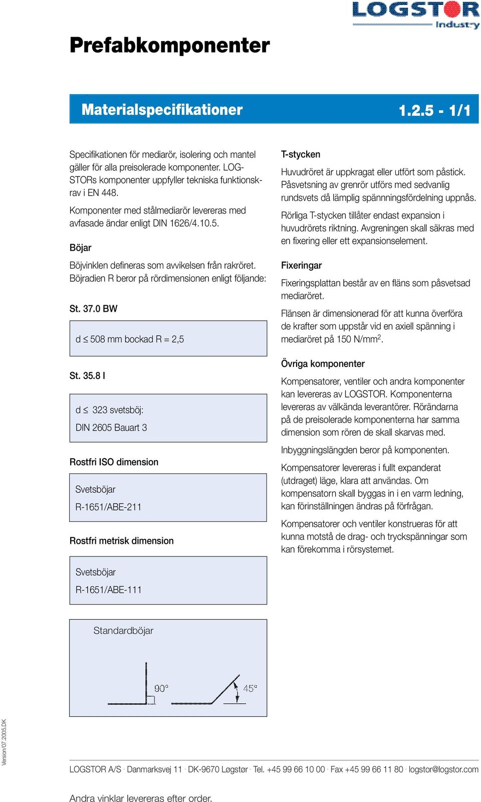 Böjar Böjvinklen defineras som avvikelsen från rakröret. Böjradien R beror på rördimensionen enligt följande: St. 37.0 BW d 508 mm bockad R = 2,5 St. 35.