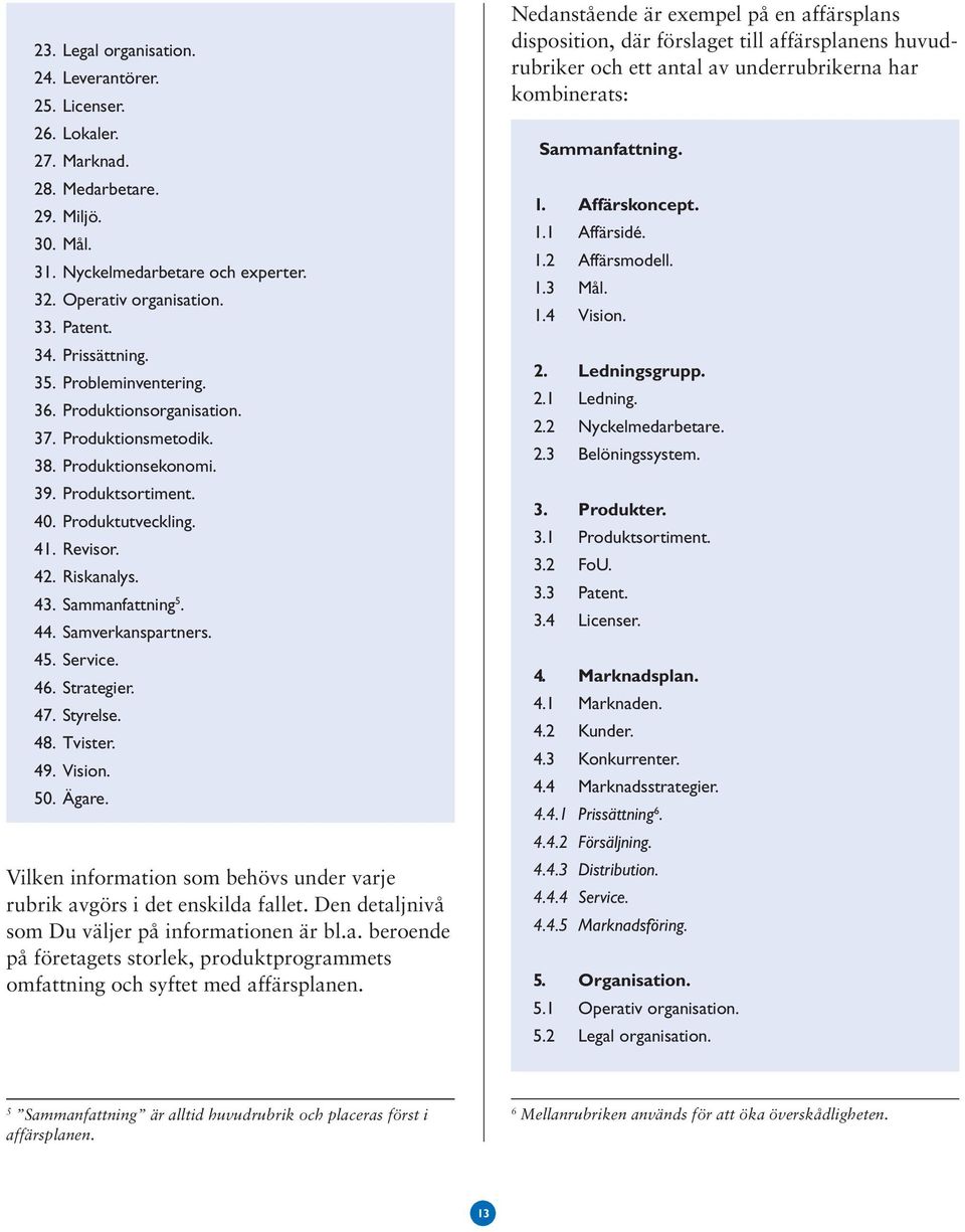 Sammanfattning 5. 44. Samverkanspartners. 45. Service. 46. Strategier. 47. Styrelse. 48. Tvister. 49. Vision. 50. Ägare. Vilken information som behövs under varje rubrik avgörs i det enskilda fallet.