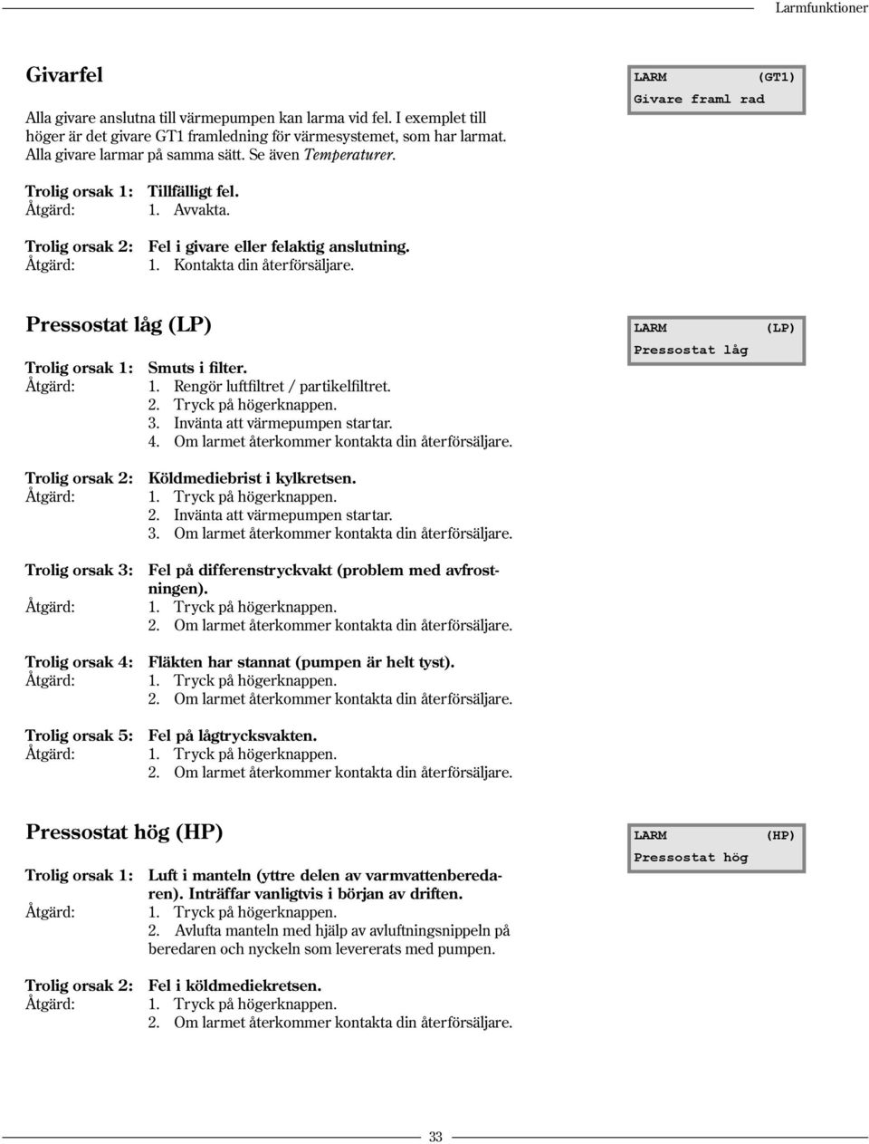 Pressostat låg (LP) Trolig orsak 1: Smuts i filter. Åtgärd: 1. Rengör luftfiltret / partikelfiltret. 2. Tryck på högerknappen. 3. Invänta att värmepumpen startar. 4.