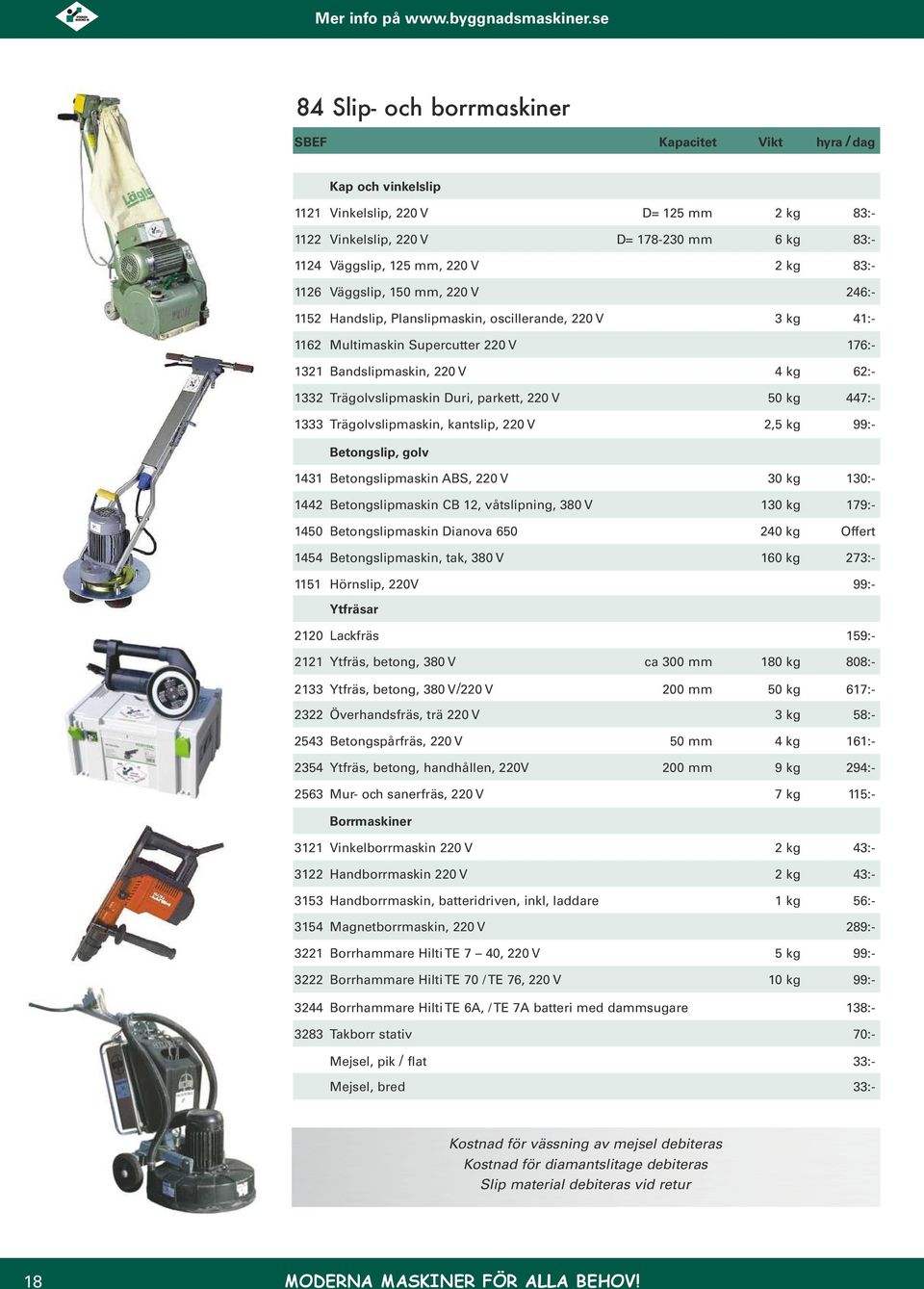 kg 447:- 1333 Trägolvslipmaskin, kantslip, 220 V 2,5 kg 99:- Betongslip, golv 1431 Betongslipmaskin ABS, 220 V 30 kg 130:- 1442 Betongslipmaskin CB 12, våtslipning, 380 V 130 kg 179:- 1450