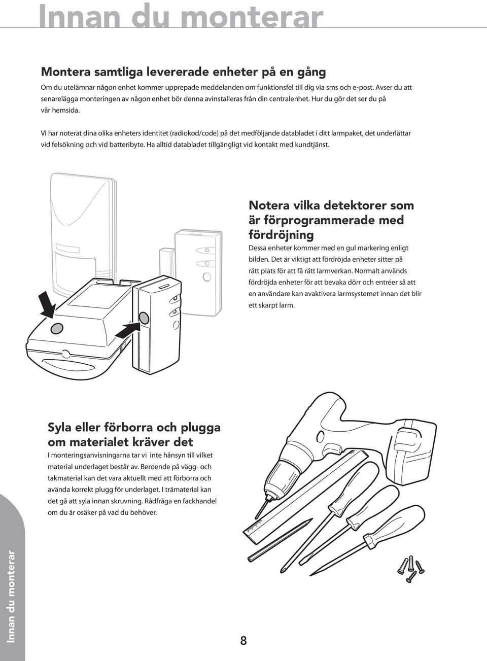 Vi har noterat dina olika enheters identitet (radiokod/code) på det medföljande databladet i ditt larmpaket, det underlättar vid felsökning och vid batteribyte.