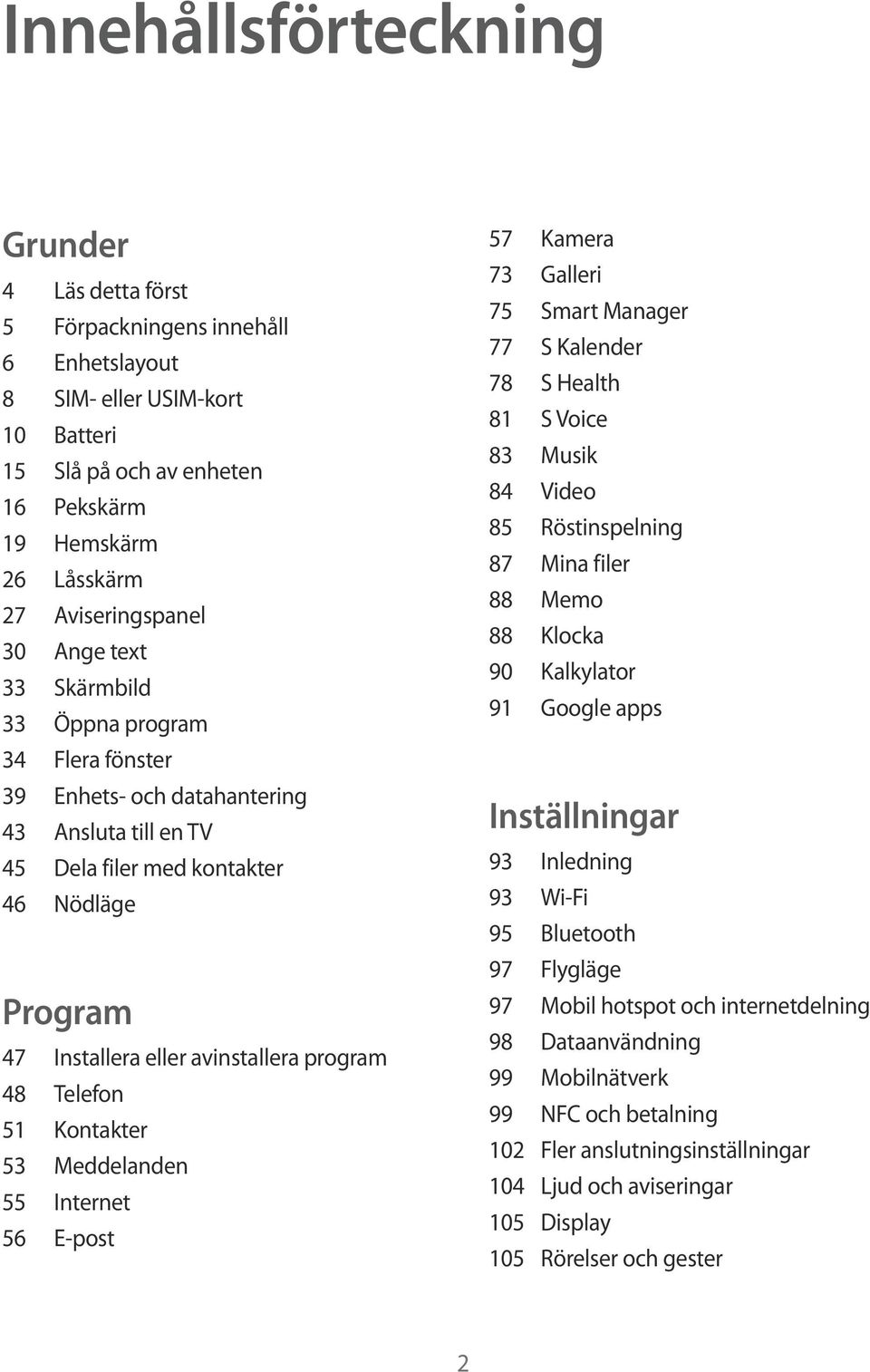 avinstallera program 48 Telefon 51 Kontakter 53 Meddelanden 55 Internet 56 E-post 57 Kamera 73 Galleri 75 Smart Manager 77 S Kalender 78 S Health 81 S Voice 83 Musik 84 Video 85 Röstinspelning 87