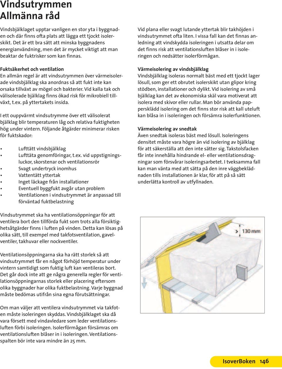 Fuktsäkerhet och ventilation En allmän regel är att vindsutrymmen över värmeisolerade vindsbjälklag ska anordnas så att fukt inte kan orsaka tillväxt av mögel och bakterier.