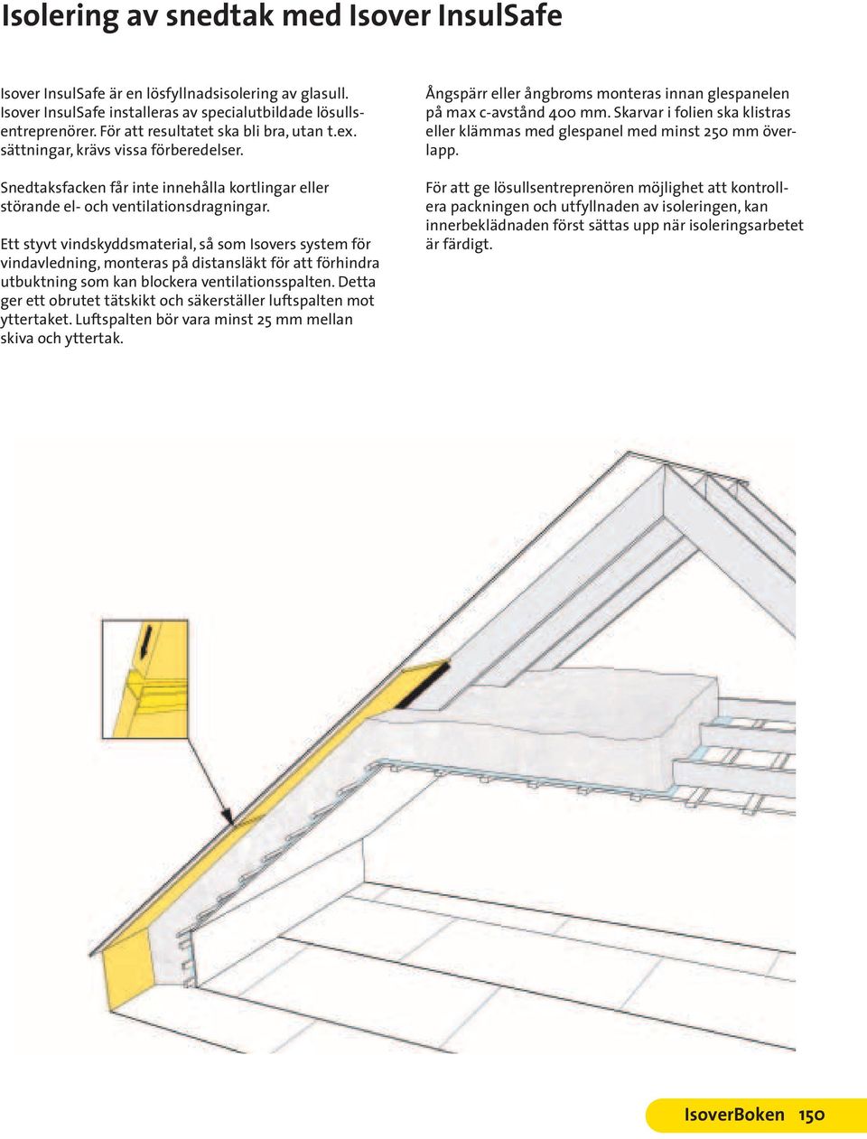 Ett styvt vindskyddsmaterial, så som Isovers system för vindavledning, monteras på distansläkt för att förhindra utbuktning som kan blockera ventilationsspalten.