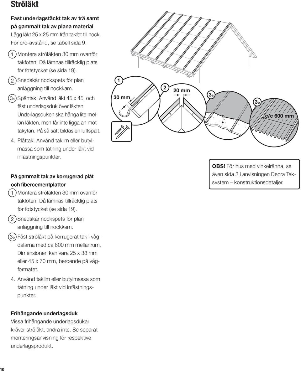 Spåntak: Använd läkt 45 x 45, och fäst underlagsduk över läkten. Underlagsduken ska hänga lite mellan läkt en, men får inte ligga an mot takytan. På så sätt bildas en luftspalt. 4. Plåttak: Använd taklim eller butylmassa som tätning under läkt vid infästnings punkter.