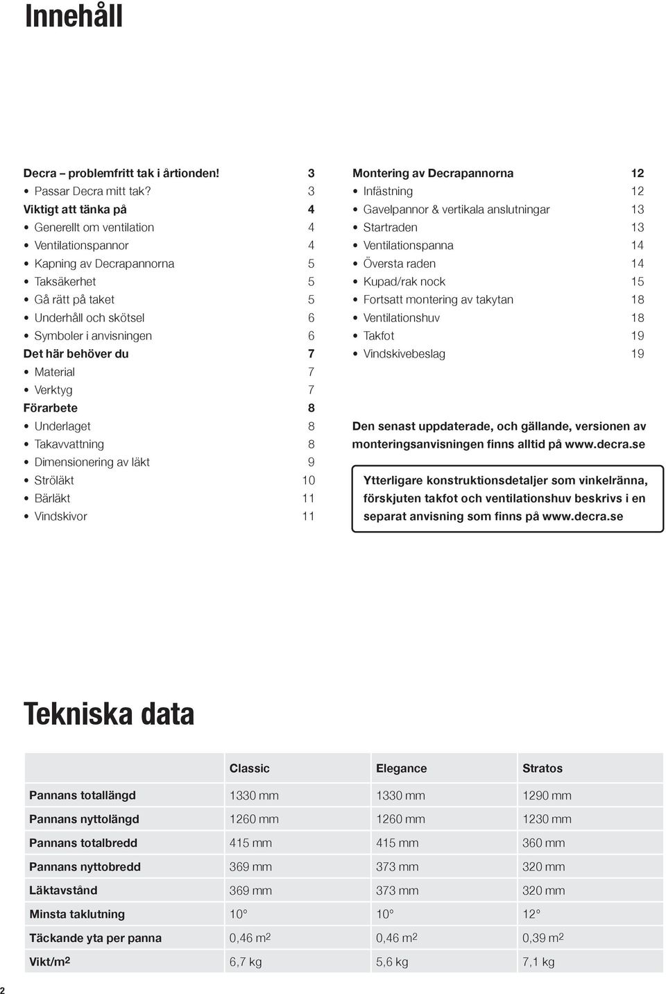 du 7 Material 7 Verktyg 7 Förarbete 8 Underlaget 8 Takavvattning 8 Dimensionering av läkt 9 Ströläkt 10 Bärläkt 11 Vindskivor 11 Montering av Decrapannorna 12 Infästning 12 Gavelpannor & vertikala