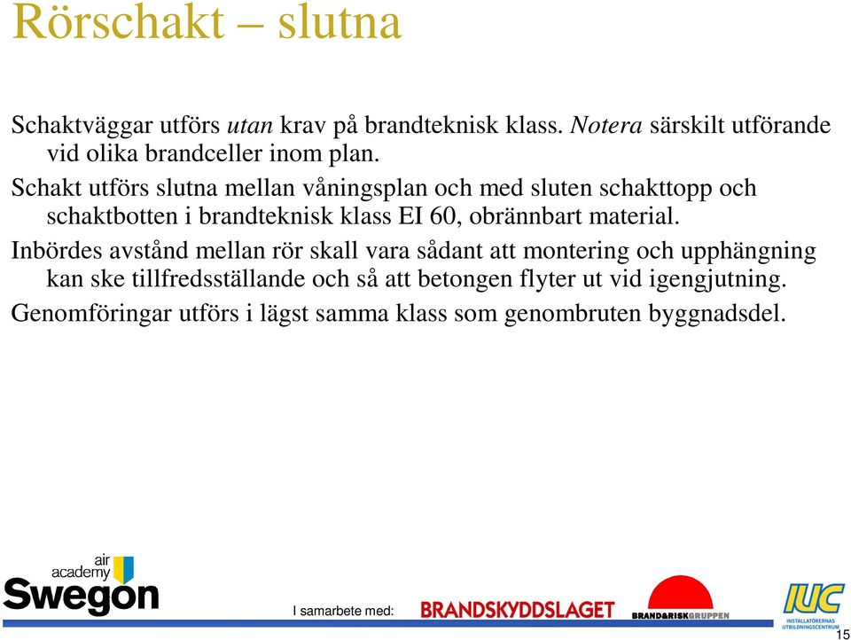 Schakt utförs slutna mellan våningsplan och med sluten schakttopp och schaktbotten i brandteknisk klass EI 60,