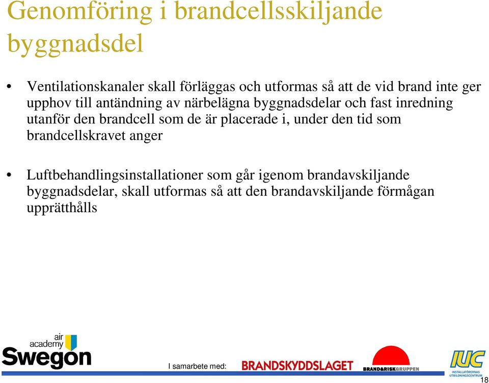 brandcell som de är placerade i, under den tid som brandcellskravet anger Luftbehandlingsinstallationer