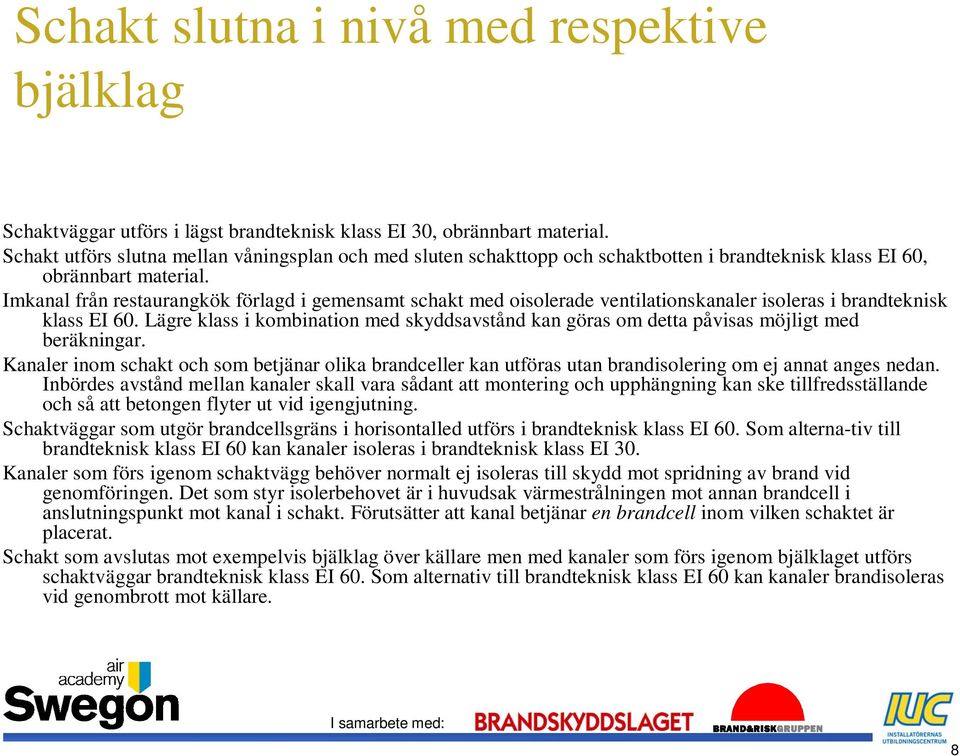 Imkanal från restaurangkök förlagd i gemensamt schakt med oisolerade ventilationskanaler isoleras i brandteknisk klass EI 60.