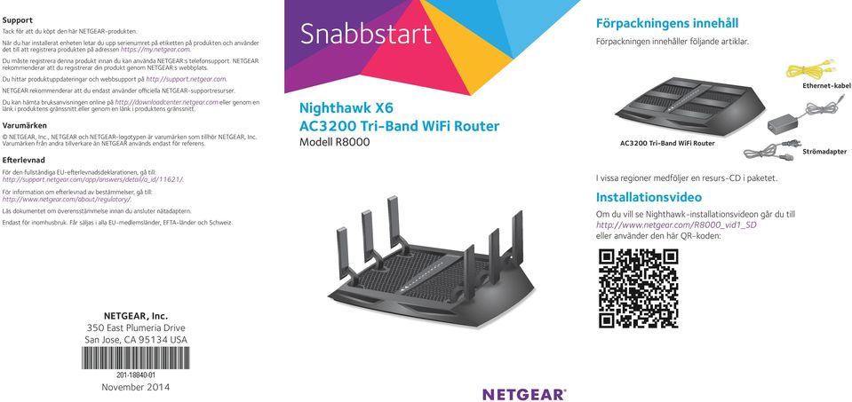 Snabbstart Förpackningens innehåll Förpackningen innehåller följande artiklar. Du måste registrera denna produkt innan du kan använda NETGEAR:s telefonsupport.