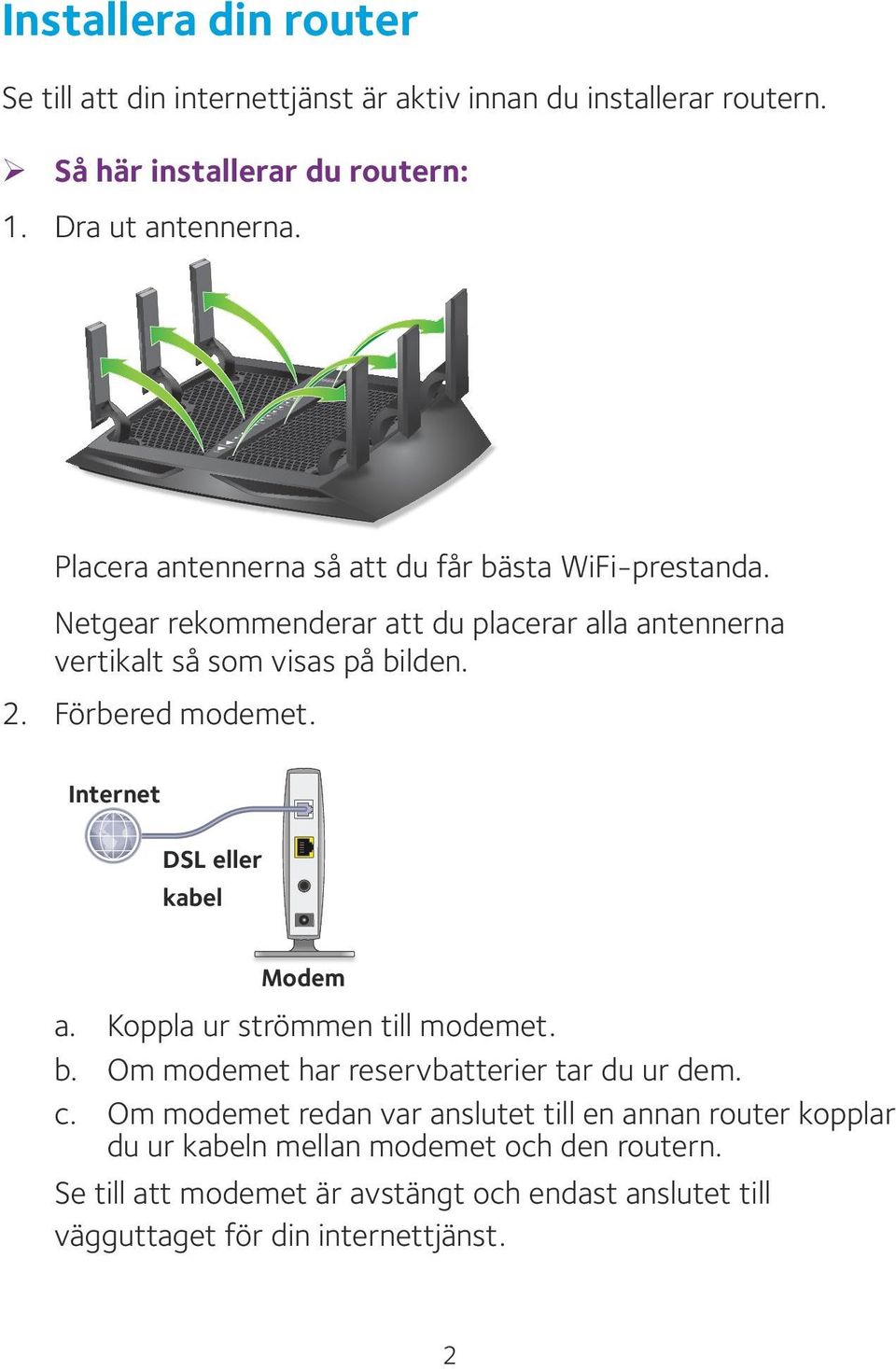 Förbered modemet. Internet DSL eller kabel Modem a. Koppla ur strömmen till modemet. b. Om modemet har reservbatterier tar du ur dem. c.