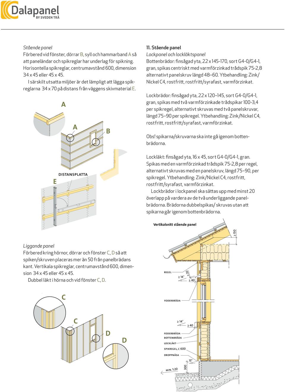 Stående panel Lockpanel och spanel ottenbrädor: finsågad yta, 22 x 145-170, sort G4-0/G4-1, gran, spikas centriskt med varmförzinkad trådspik 75-2,8 alternativt panelskruv längd 48 60.