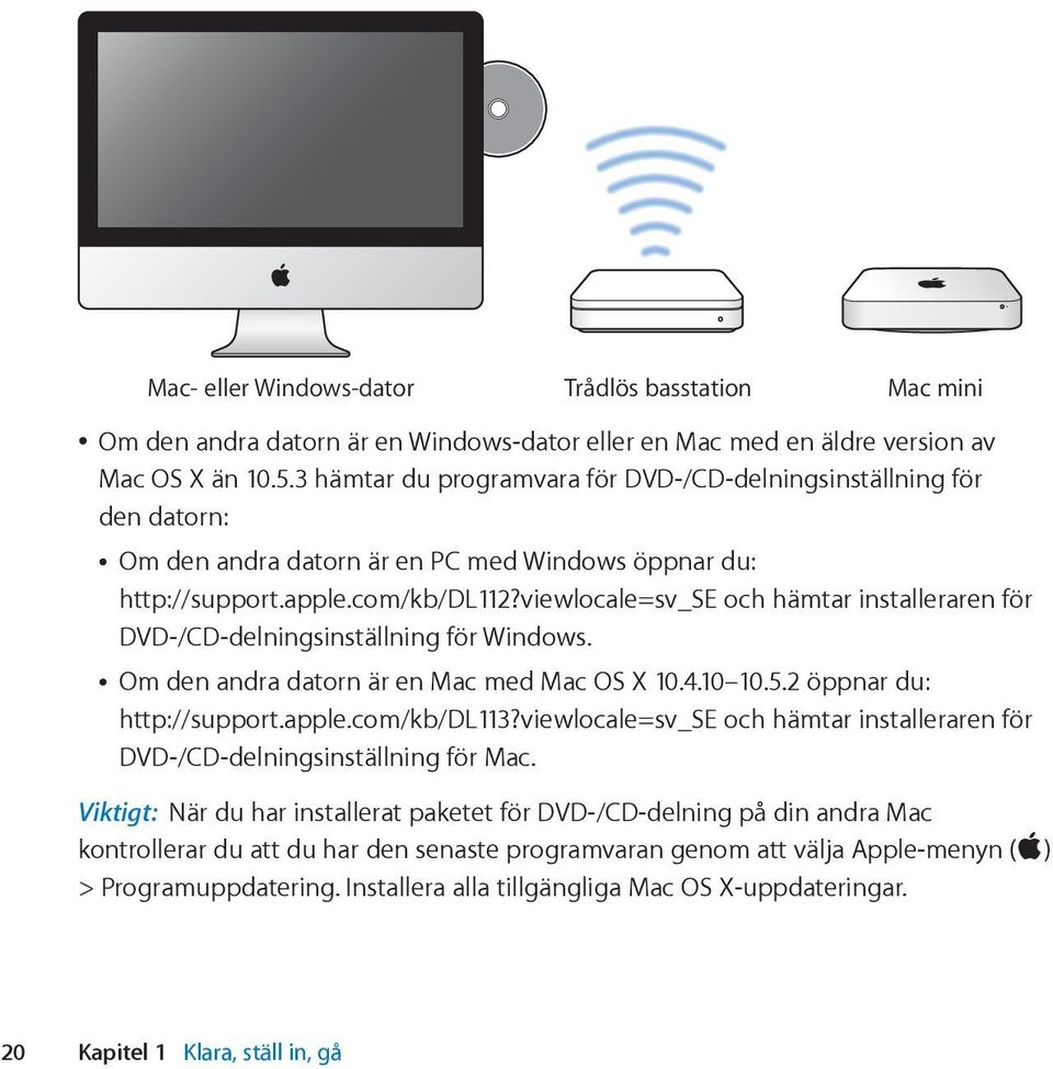 viewlocale=sv_se och hämtar installeraren för DVD-/CD-delningsinställning för Windows. Om den andra datorn är en Mac med Mac OS X 10.4.10 10.5.2 öppnar du: http://support.apple.com/kb/dl113?
