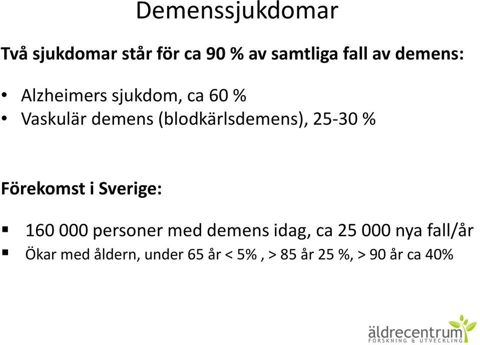25-30 % Förekomst i Sverige: 160 000 personer med demens idag, ca 25