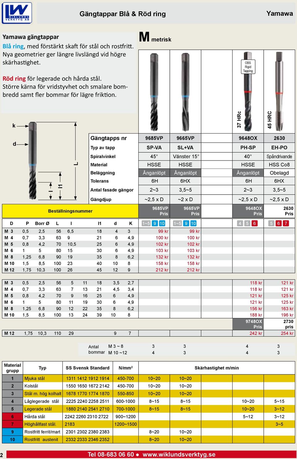 M metrisk OBS Rigid Tapping k 37 HRc 45 HRC d Gängtapps nr 9685VP 9665VP 9648OX 2630 Typ av tapp SP-VA SL+VA PH-SP EH-PO Spiralvinkel 45 Vänster 15 40 Spåndrivande L Material HSSE HSSE HSSE HSS Co8