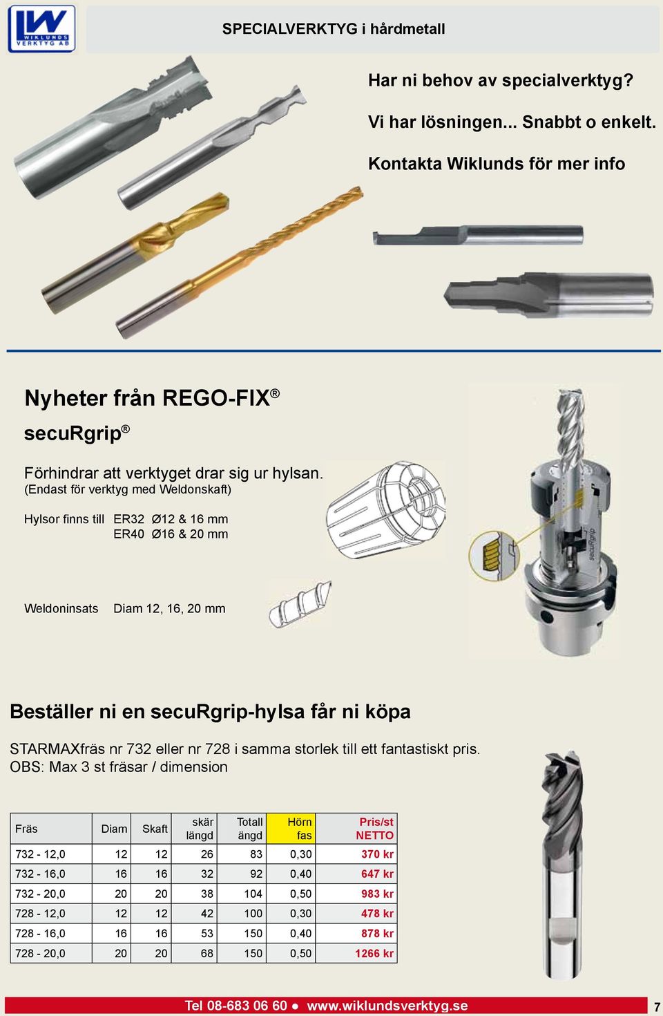 (Endast för verktyg med Weldonskaft) Hylsor finns till ER32 Ø12 & 16 mm ER40 Ø16 & 20 mm Weldoninsats Diam 12, 16, 20 mm Beställer ni en securgrip-hylsa får ni köpa STARMAXfräs nr 732 eller nr