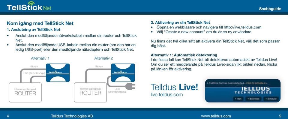 ) Alternativ 2 Nätverk 2. Aktivering av din TellStick Net Öppna en webbläsare och navigera till http://live.telldus.