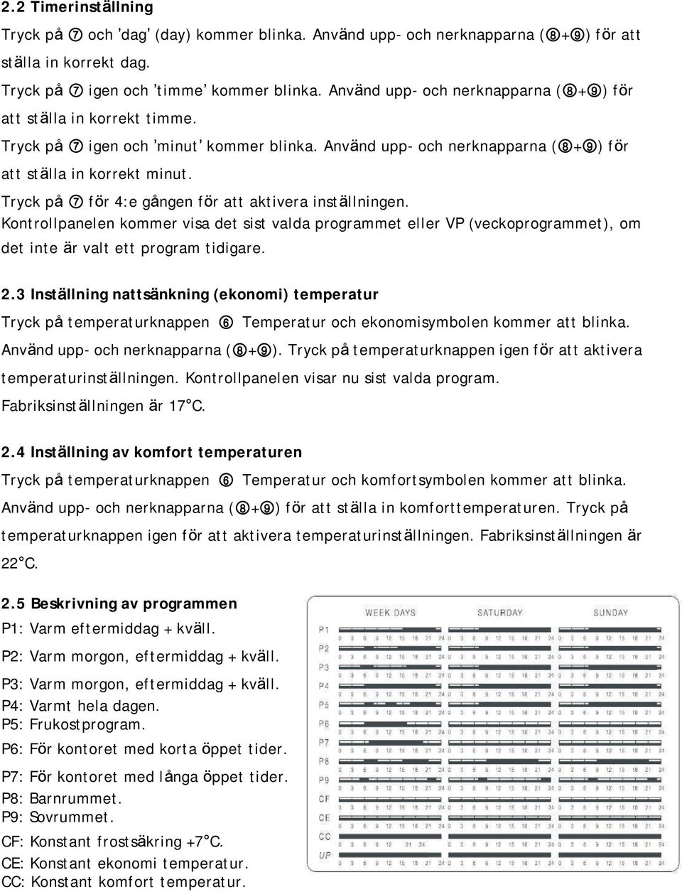 Tryck på 7 för 4:e gången för att aktivera inställningen. Kontrollpanelen kommer visa det sist valda programmet eller VP (veckoprogrammet), om det inte är valt ett program tidigare. 2.