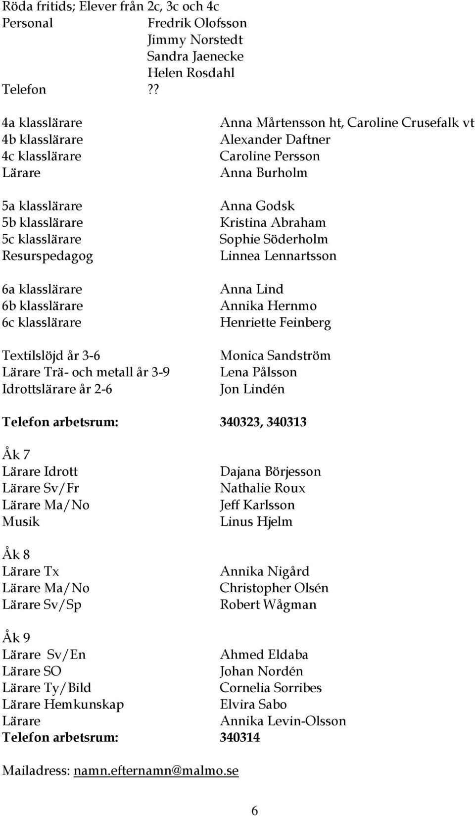 år 3-9 Idrottslärare år 2-6 Anna Mårtensson ht, Caroline Crusefalk vt Alexander Daftner Caroline Persson Anna Burholm Anna Godsk Kristina Abraham Sophie Söderholm Linnea Lennartsson Anna Lind Annika