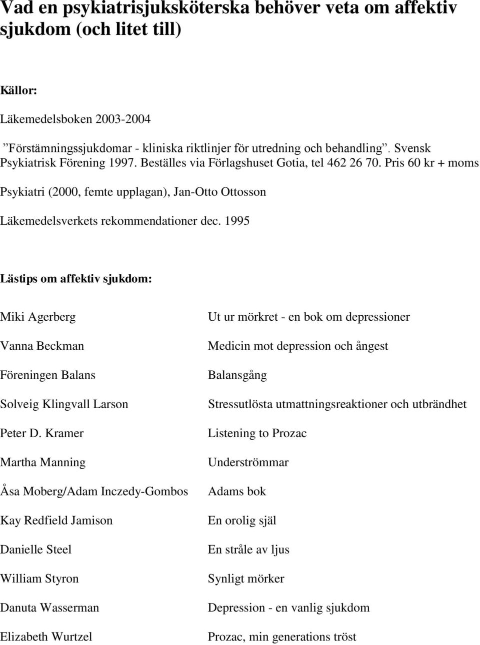 1995 Lästips om affektiv sjukdom: Miki Agerberg Vanna Beckman Föreningen Balans Solveig Klingvall Larson Peter D.