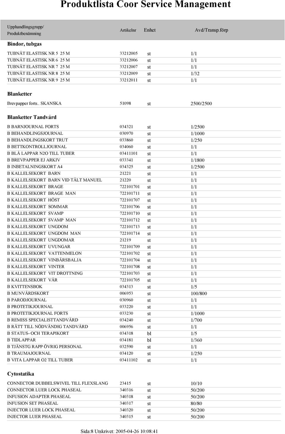 . SKANSKA 51098 st 2500/2500 Blanketter Tandvård B BARNJOURNAL FORTS 034321 st 1/2500 B BEHANDLINGSJOURNAL 030970 st 1/1000 B BEHANDLINGSKORT TRUT 033860 st 1/250 B BETTKONTROLLJOURNAL 034060 st 1/1