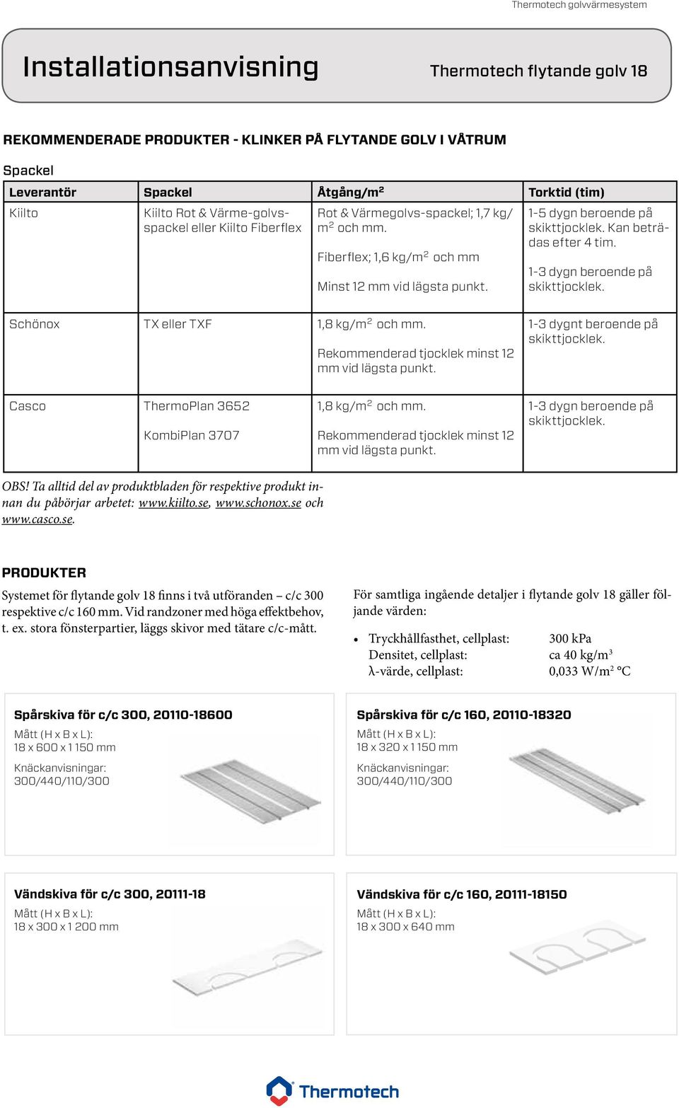 Schönox TX eller TXF 1,8 kg/m 2 och mm. Rekommenderad tjocklek minst 12 mm vid lägsta punkt. 1-3 dygnt beroende på skikttjocklek. Casco ThermoPlan 3652 KombiPlan 3707 1,8 kg/m 2 och mm.