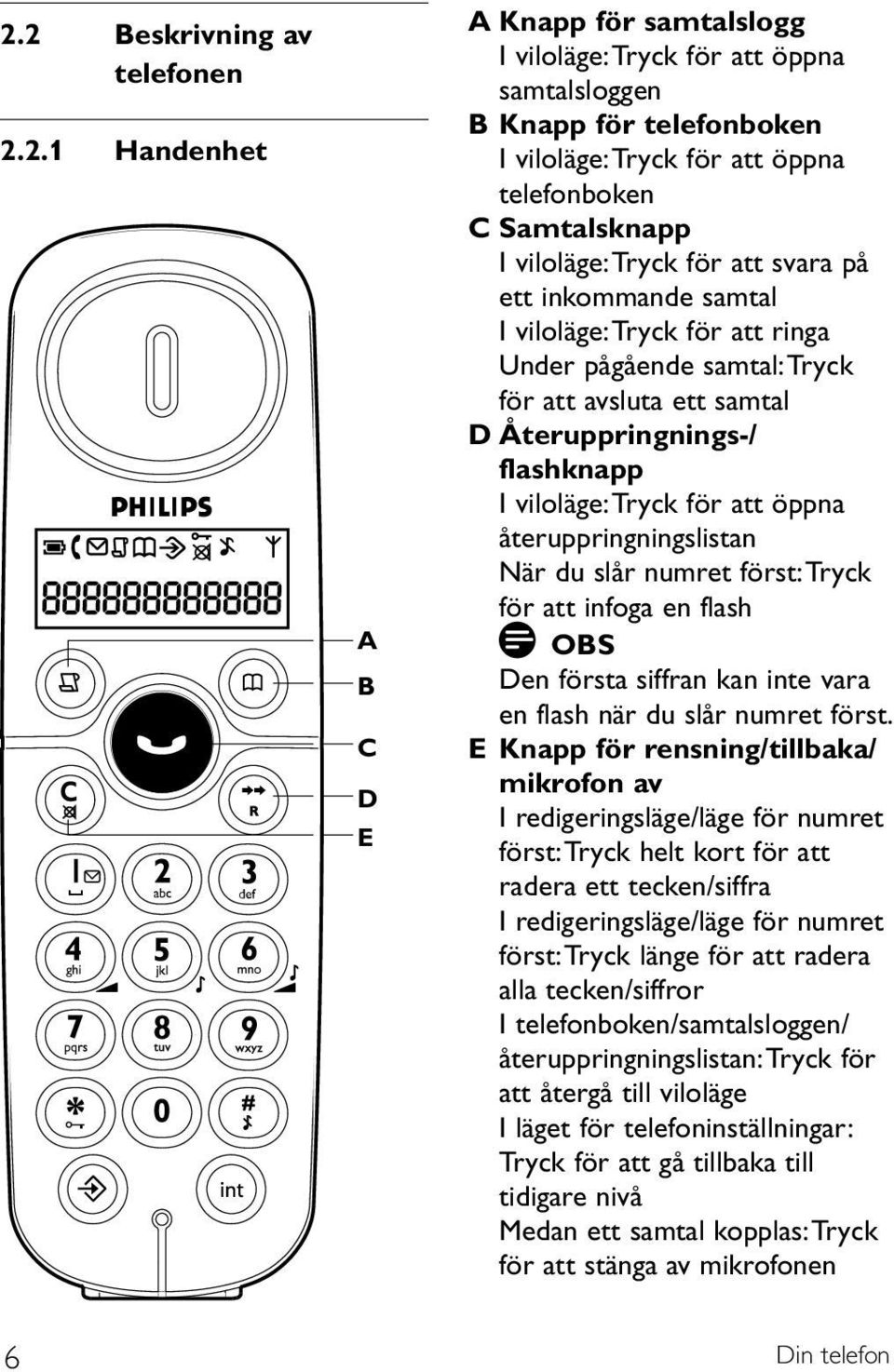 viloläge: Tryck för att öppna återuppringningslistan När du slår numret först: Tryck för att infoga en flash OBS Den första siffran kan inte vara en flash när du slår numret först.