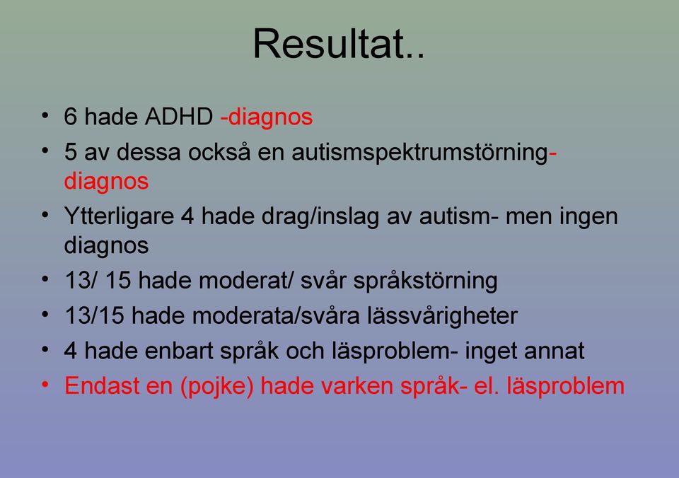 Ytterligare 4 hade drag/inslag av autism- men ingen diagnos 13/ 15 hade moderat/