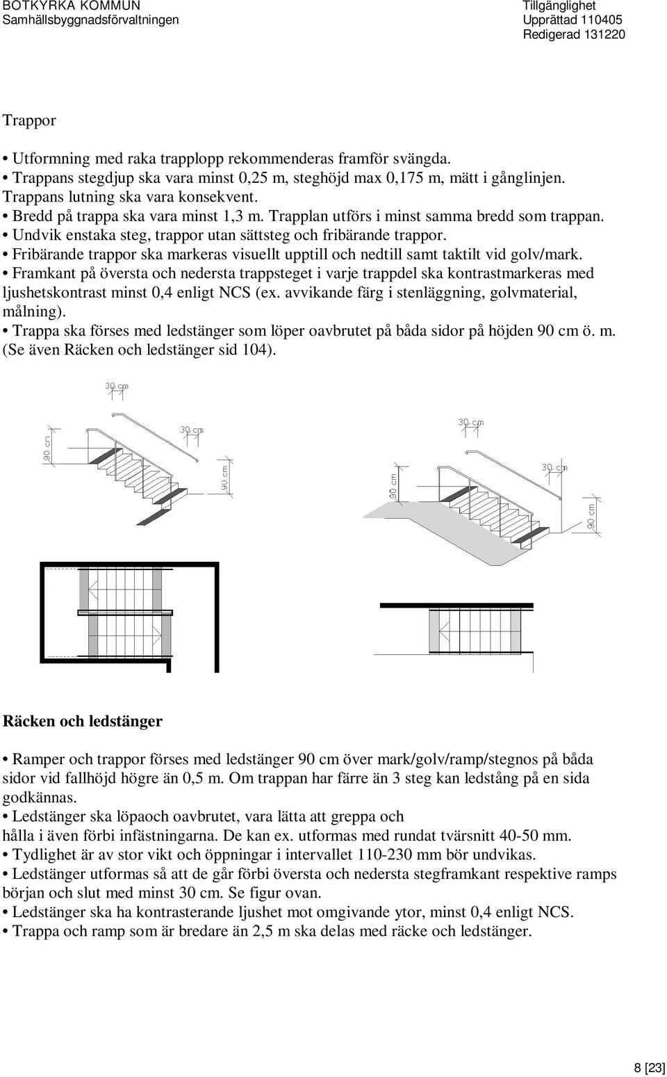 Fribärande trappor ska markeras visuellt upptill och nedtill samt taktilt vid golv/mark.