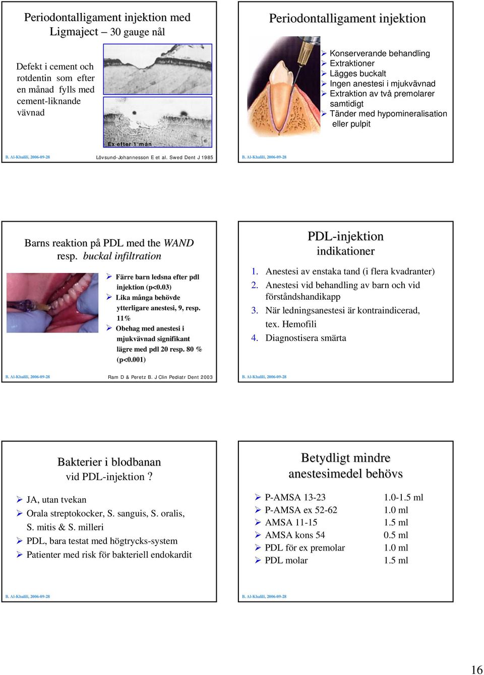 Swed Dent J 1985 Barns reaktion på PDL med the WAND resp. buckal infiltration Färre barn ledsna efter pdl injektion (p<0.03) Lika många behövde ytterligare anestesi, 9, resp.
