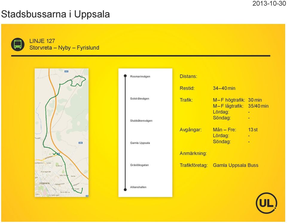 min M F högtrafik: 30 min M F lågtrafik: 35/40 min