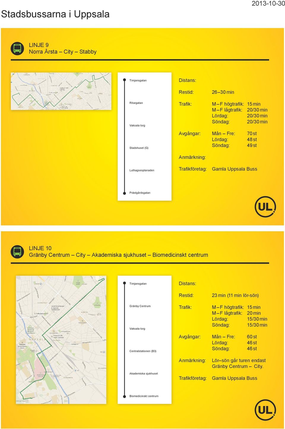 Biomedicinskt centrum Timjansgatan Gränby Centrum Vaksala torg 23 min (11 min lör-sön) M F högtrafik: 15 min M F lågtrafik: 20 min Lördag: 15/30 min Söndag: 15/30