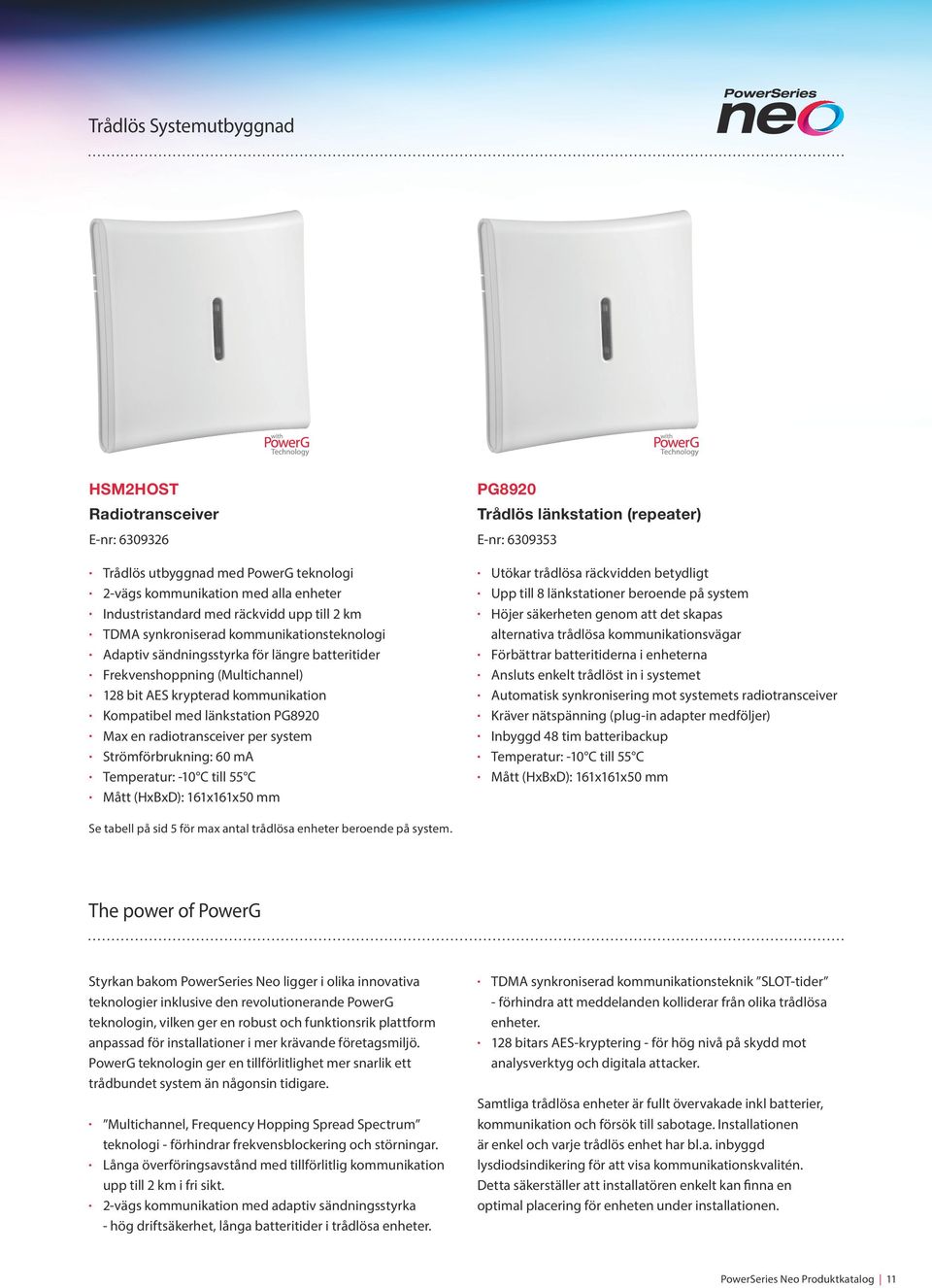 radiotransceiver per system Strömförbrukning: 60 ma Temperatur: -10 C till 55 C Mått (HxBxD): 161x161x50 mm PG8920 Trådlös länkstation (repeater) E-nr: 6309353 Utökar trådlösa räckvidden betydligt