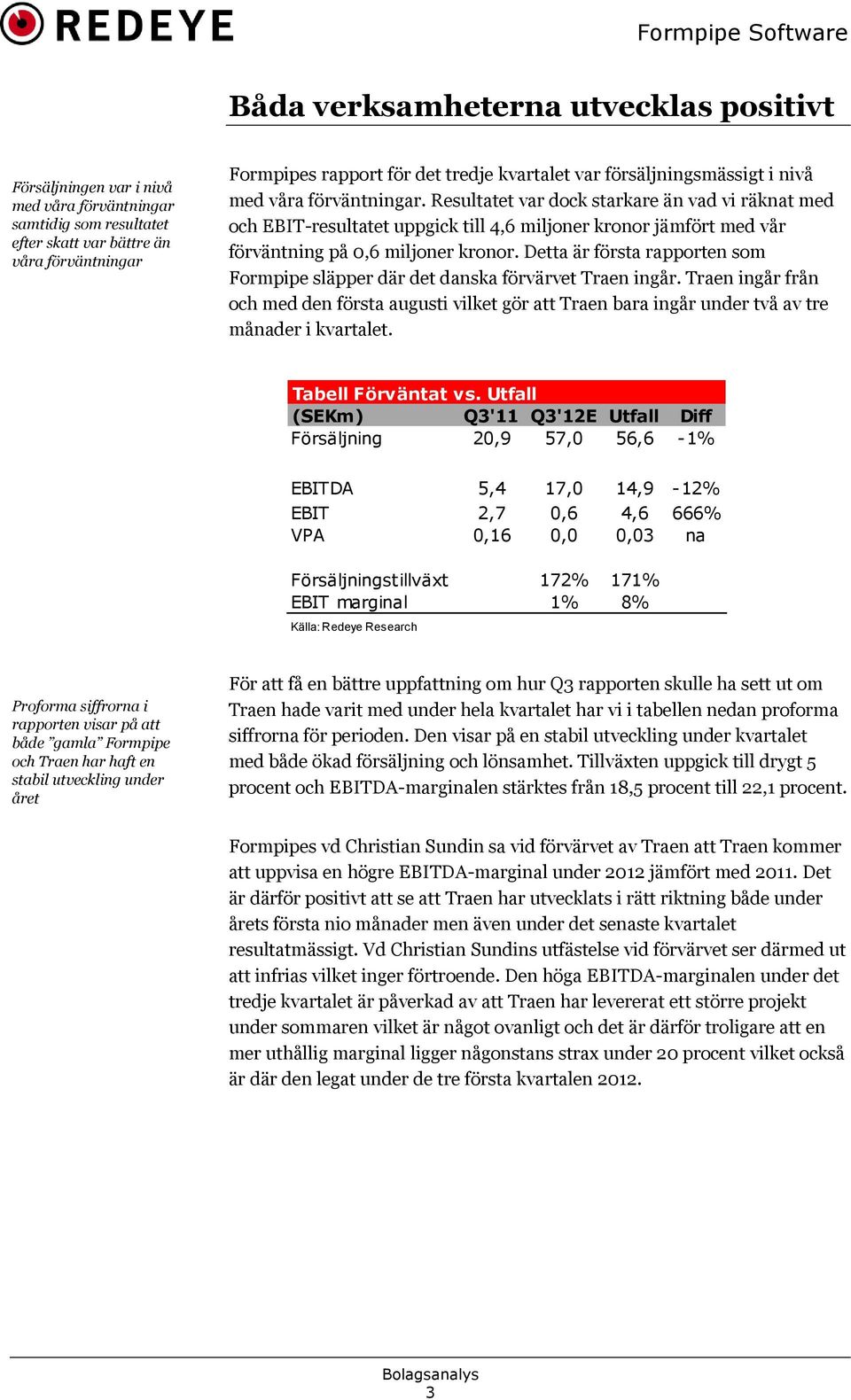 Resultatet var dock starkare än vad vi räknat med och EBIT-resultatet uppgick till 4,6 miljoner kronor jämfört med vår förväntning på 0,6 miljoner kronor.