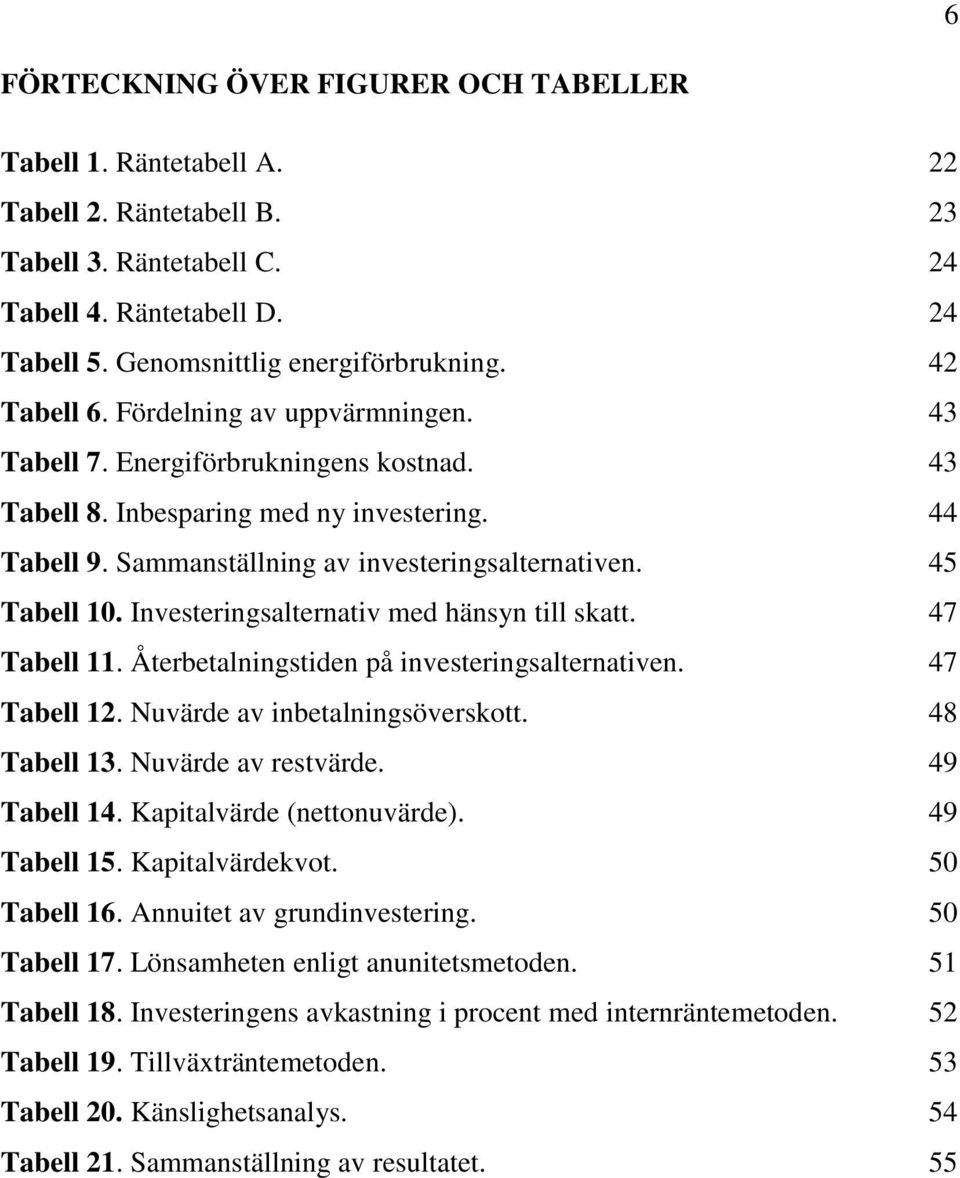 45 Tabell 10. Investeringsalternativ med hänsyn till skatt. 47 Tabell 11. Återbetalningstiden på investeringsalternativen. 47 Tabell 12. Nuvärde av inbetalningsöverskott. 48 Tabell 13.