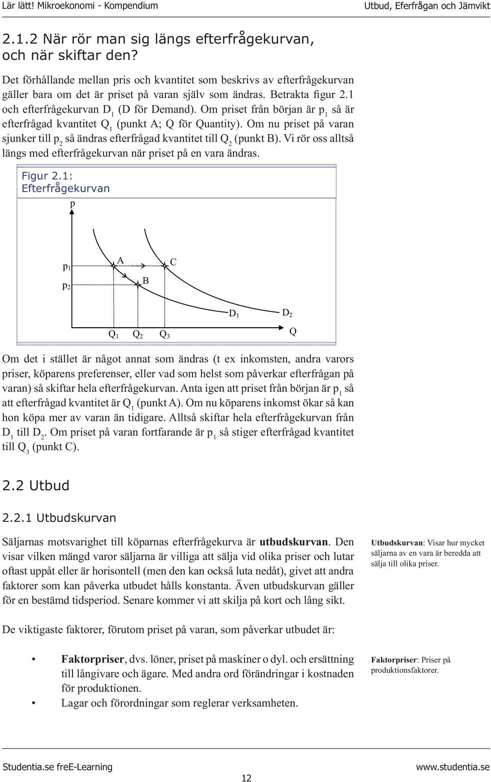 Om priset från början är p 1 så är efterfrågad kvantitet Q 1 (punkt A; Q för Quantity). Om nu priset på varan sjunker till p 2 så ändras efterfrågad kvantitet till Q 2 (punkt B).