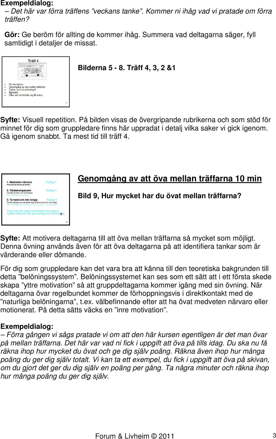 På bilden visas de övergripande rubrikerna och som stöd för minnet för dig som gruppledare finns här uppradat i detalj vilka saker vi gick igenom. Gå igenom snabbt. Ta mest tid till träff 4. 1.