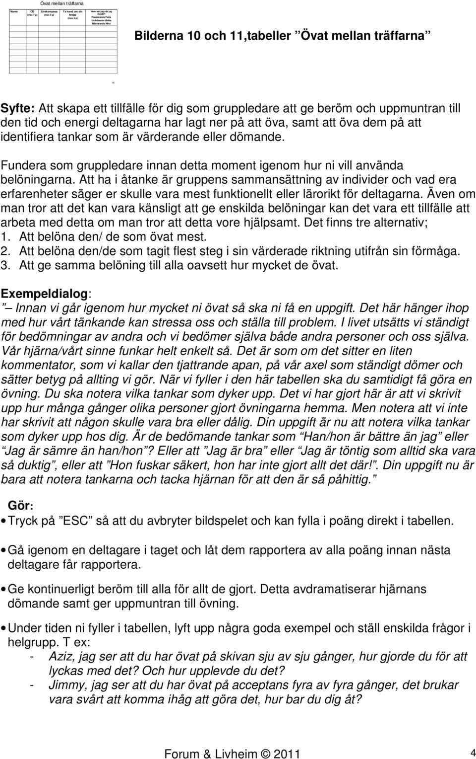 tid och energi deltagarna har lagt ner på att öva, samt att öva dem på att identifiera tankar som är värderande eller dömande.