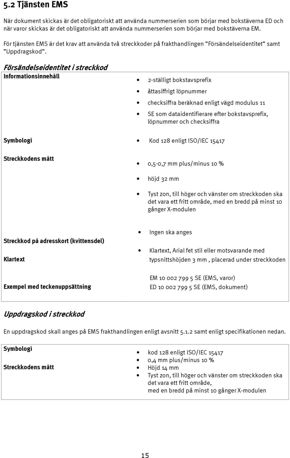 Försändelseidentitet i streckkod Informationsinnehåll 2-ställigt bokstavsprefix åttasiffrigt löpnummer checksiffra beräknad enligt vägd modulus 11 SE som dataidentifierare efter bokstavsprefix,