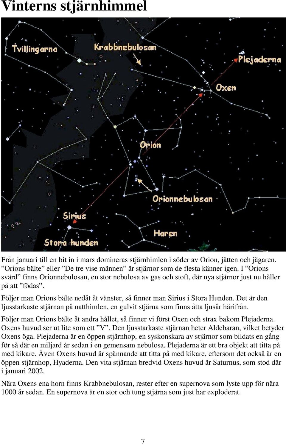 Det är den ljusstarkaste stjärnan på natthimlen, en gulvit stjärna som finns åtta ljusår härifrån. Följer man Orions bälte åt andra hållet, så finner vi först Oxen och strax bakom Plejaderna.