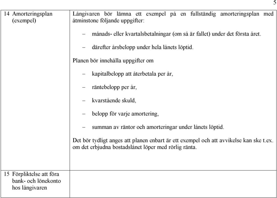 Planen bör innehålla uppgifter om kapitalbelopp att återbetala per år, räntebelopp per år, kvarstående skuld, belopp för varje amortering, summan av räntor och