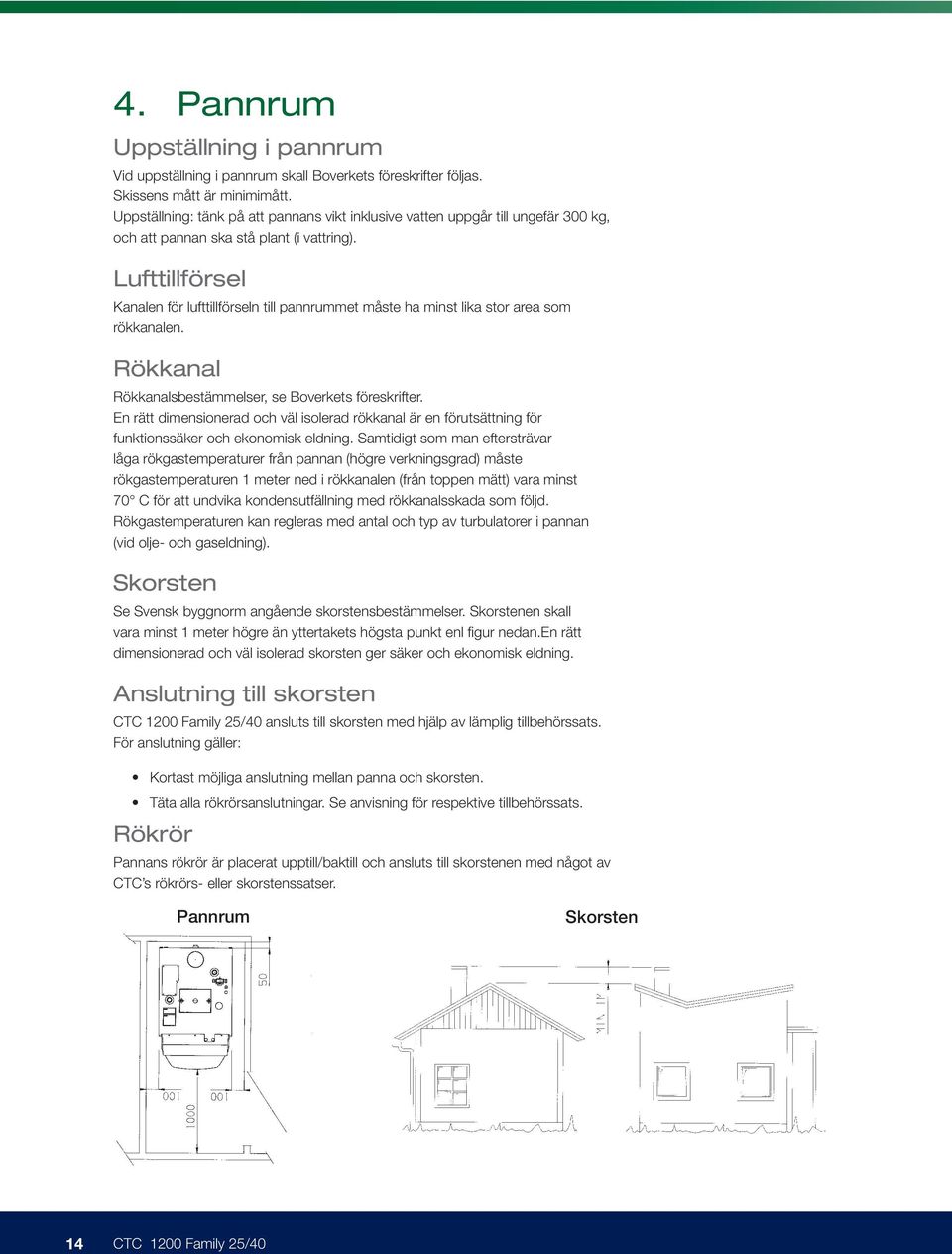 Lufttillförsel Kanalen för lufttillförseln till pannrummet måste ha minst lika stor area som rökkanalen. Rökkanal Rökkanalsbestämmelser, se Boverkets föreskrifter.