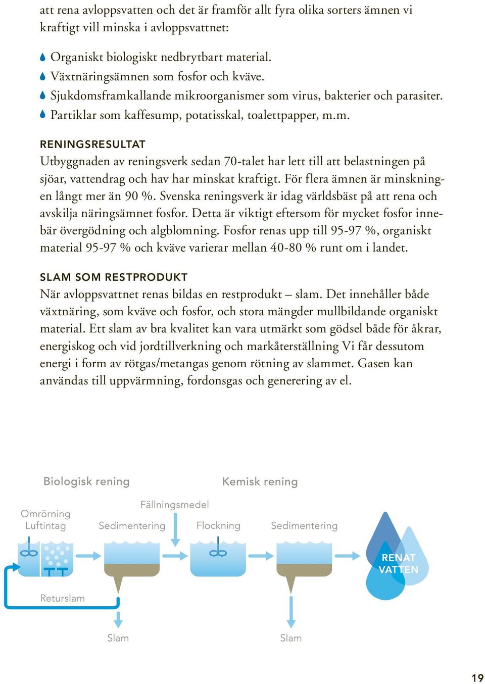 För flera ämnen är minskningen långt mer än 90 %. Svenska reningsverk är idag världsbäst på att rena och avskilja näringsämnet fosfor.