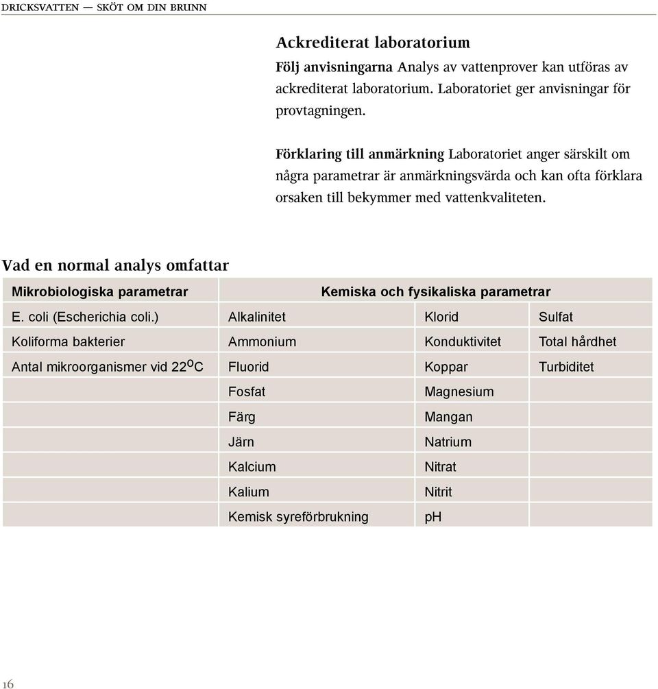 Vad en normal analys omfattar Mikrobiologiska parametrar Kemiska och fysikaliska parametrar E. coli (Escherichia coli.