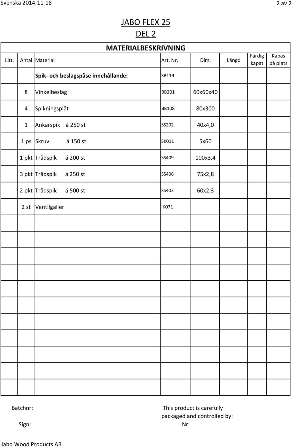 80x300 1 Ankarspik á 250 st SS202 40x4,0 1 ps Skruv á 150 st SK011 5x60 1 pkt Trådspik á 200 st SS409 100x3,4 3 pkt Trådspik á 250