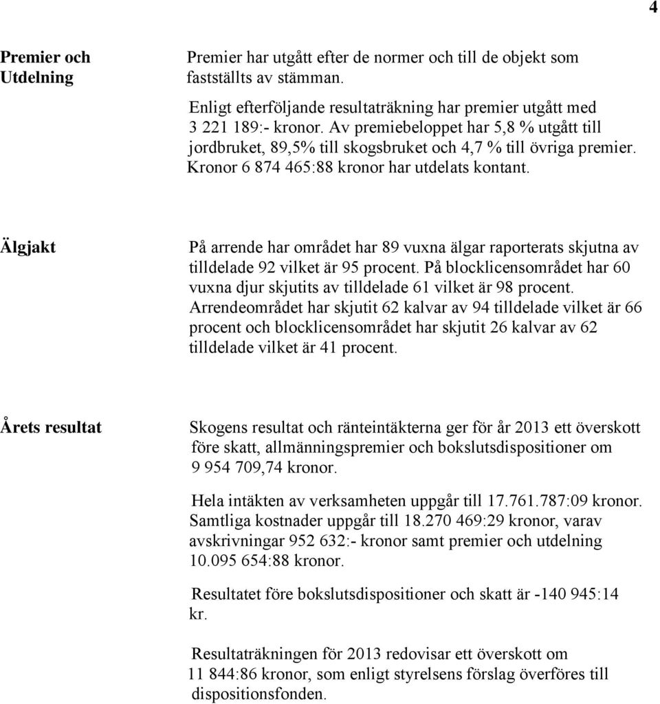 Älgjakt På arrende har området har 89 vuxna älgar raporterats skjutna av tilldelade 92 vilket är 95 procent. På blocklicensområdet har 60 vuxna djur skjutits av tilldelade 61 vilket är 98 procent.