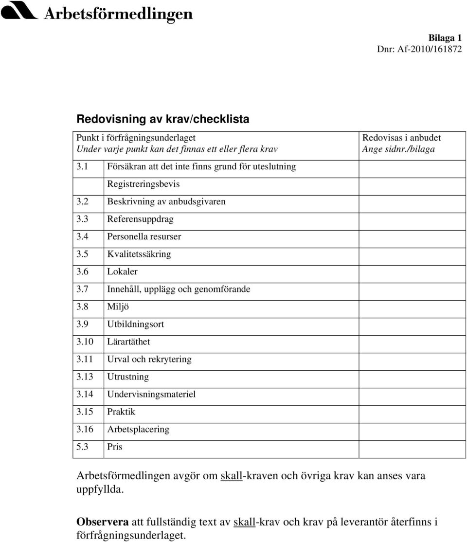 7 Innehåll, upplägg och genomförande 3.8 Miljö 3.9 Utbildningsort 3.10 Lärartäthet 3.11 Urval och rekrytering 3.13 Utrustning 3.14 Undervisningsmateriel 3.15 Praktik 3.